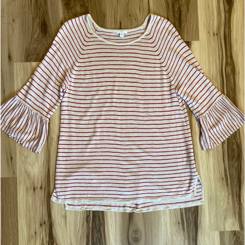 J. Jill Womens Red Striped Linen Blend Bell Sleeve Knit Top Size L Raglan Tee